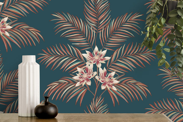 Bali Teal Palm Wallpaper with Tropical Botanical Palm and Floral Motif - Fine Decor FD43280