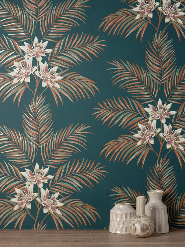 Bali Teal Palm Wallpaper with Tropical Botanical Palm and Floral Motif - Fine Decor FD43280