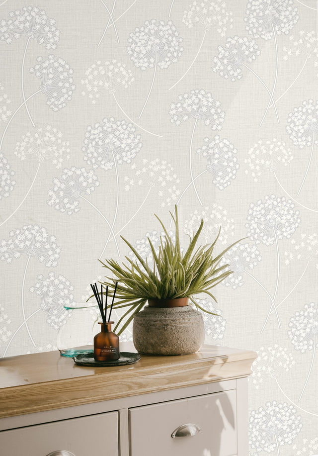 Grace Dove Floral Wallpaper with Metallic Botanical Motif - Fine Decor FD43283