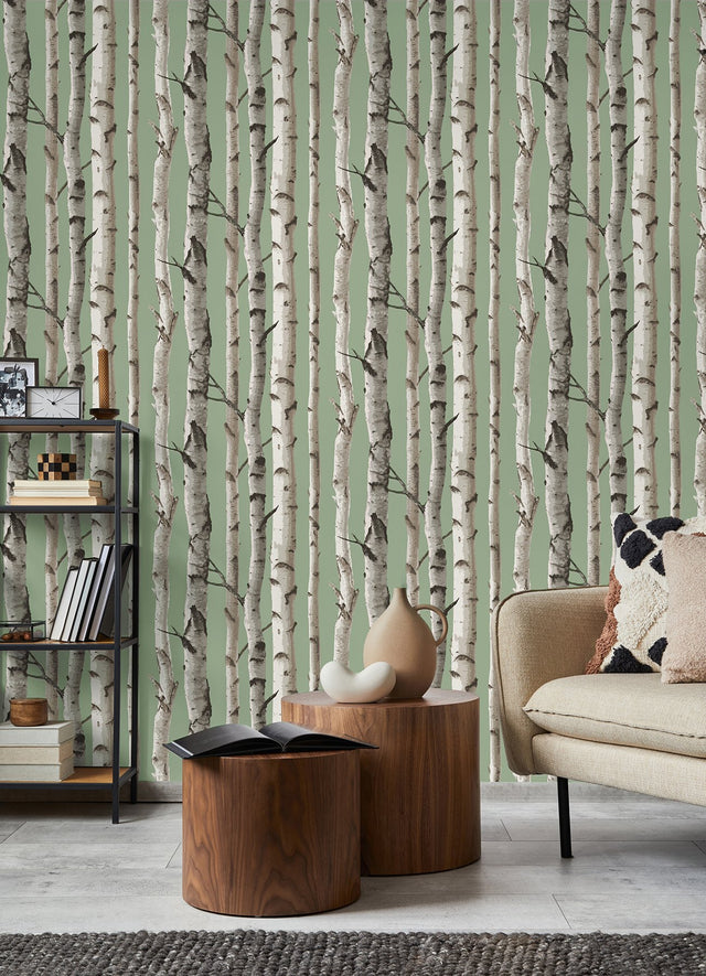 Chester Sage Birch Trees Wallpaper