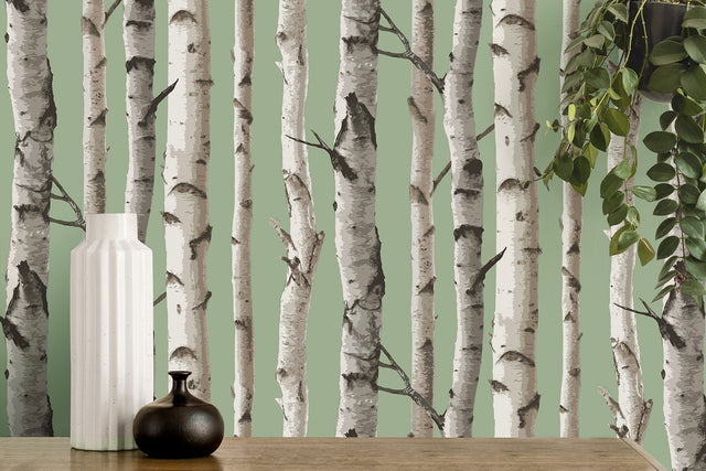 Chester Sage Birch Trees Wallpaper