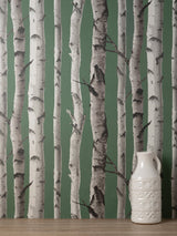 Chester Dark Green Birch Trees Wallpaper with Whimsical Botanical Pattern - Fine Decor FD43292