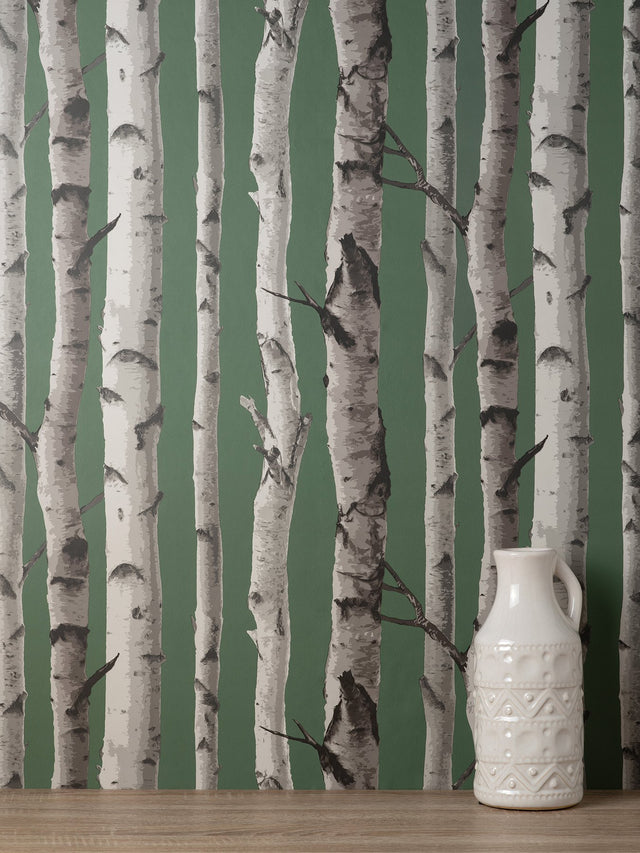 Chester Dark Green Birch Trees Wallpaper with Whimsical Botanical Pattern - Fine Decor FD43292