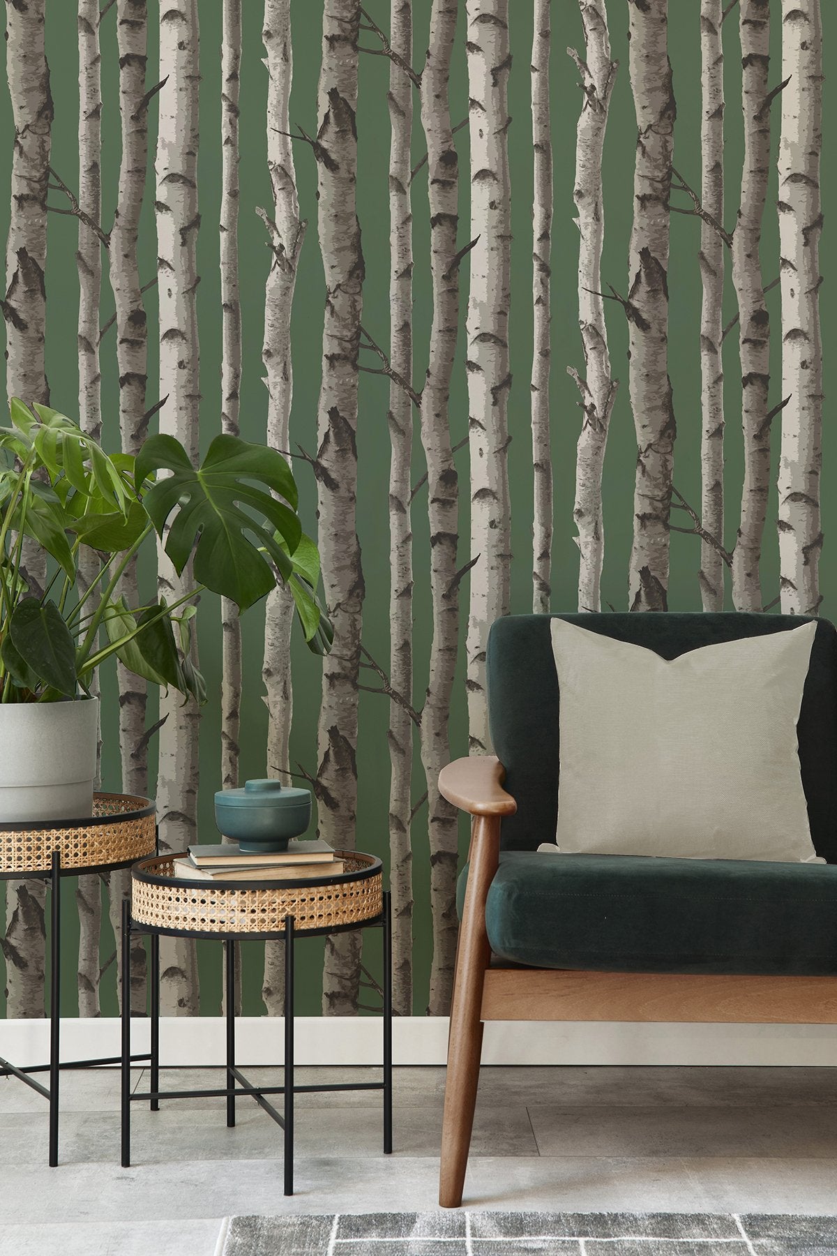 Chester Dark Green Birch Trees Wallpaper with Whimsical Botanical Pattern - Fine Decor FD43292