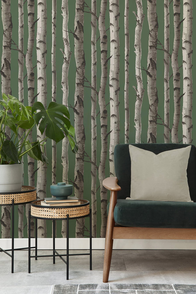 Chester Dark Green Birch Trees Wallpaper with Whimsical Botanical Pattern - Fine Decor FD43292