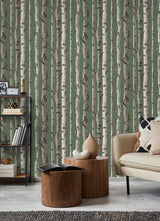 Chester Dark Green Birch Trees Wallpaper with Whimsical Botanical Pattern - Fine Decor FD43292