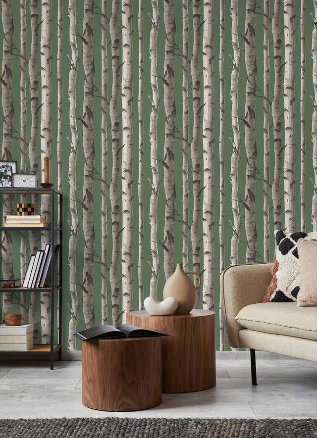 Chester Dark Green Birch Trees Wallpaper with Whimsical Botanical Pattern - Fine Decor FD43292