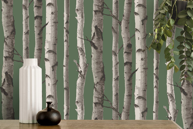 Chester Dark Green Birch Trees Wallpaper with Whimsical Botanical Pattern - Fine Decor FD43292