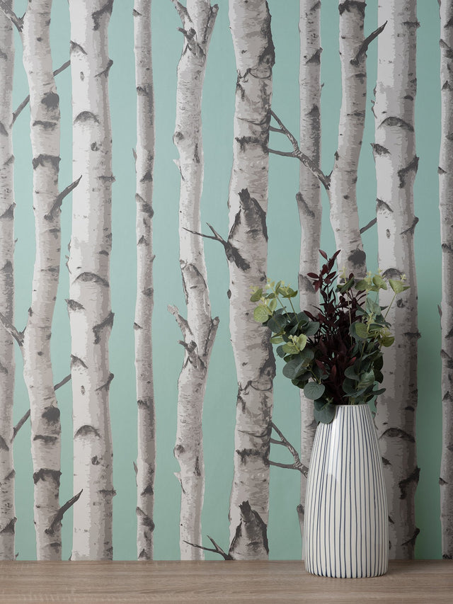 Chester Aqua Birch Trees Wallpaper