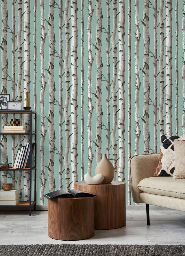 Chester Aqua Birch Trees Wallpaper