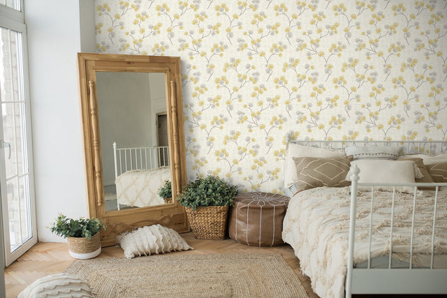 Kira Mustard Trail Botanical Leaves Wallpaper - Fine Decor FD43309