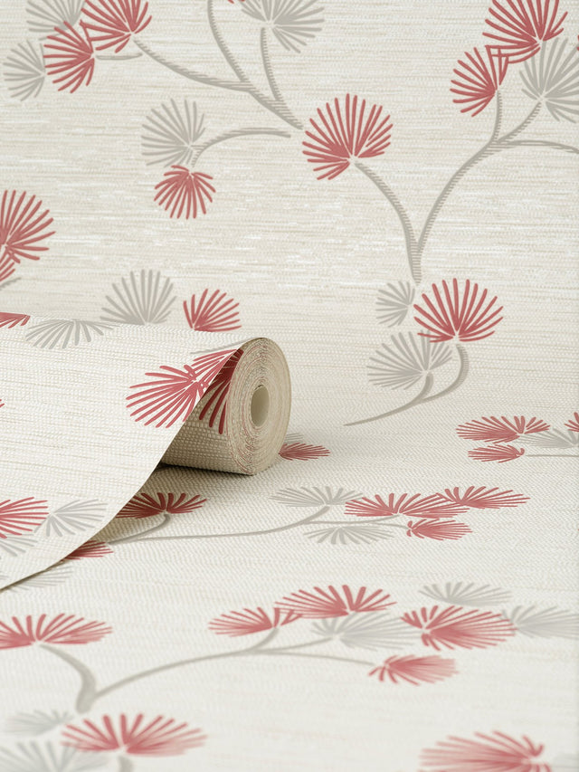 Kira Red Trail Wallpaper with Botanical Leaves Motif, Scandinavian Style - Fine Decor FD43311