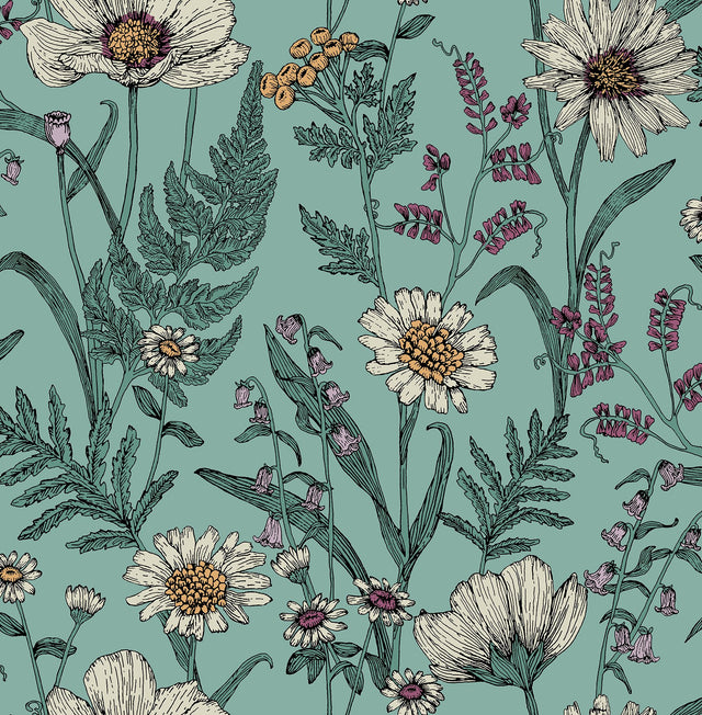 Arden Blue Wild Meadow Wallpaper with Botanical Floral Pattern, Modern Style - Fine Decor FD43338