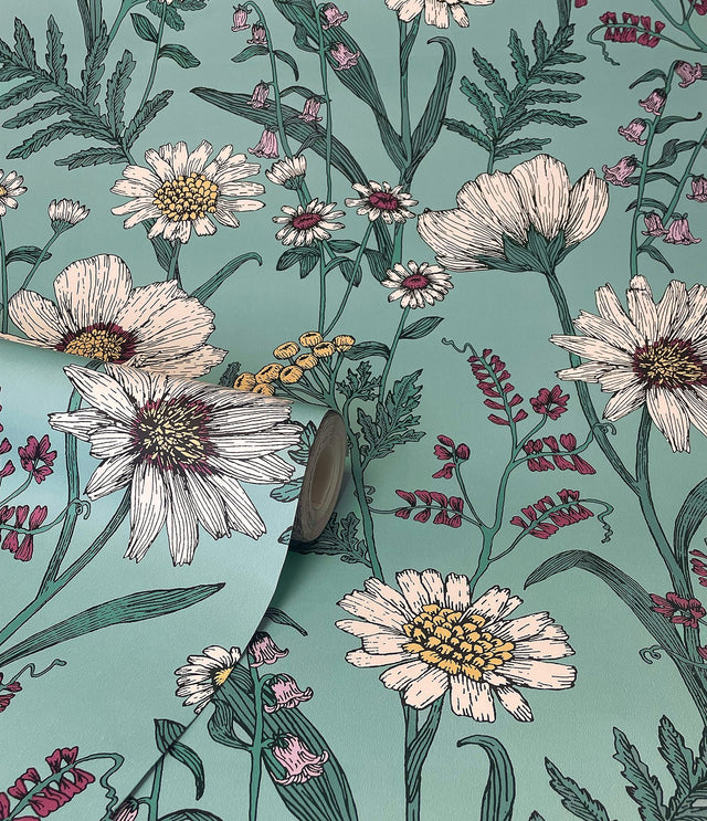 Arden Blue Wild Meadow Wallpaper with Botanical Floral Pattern, Modern Style - Fine Decor FD43338