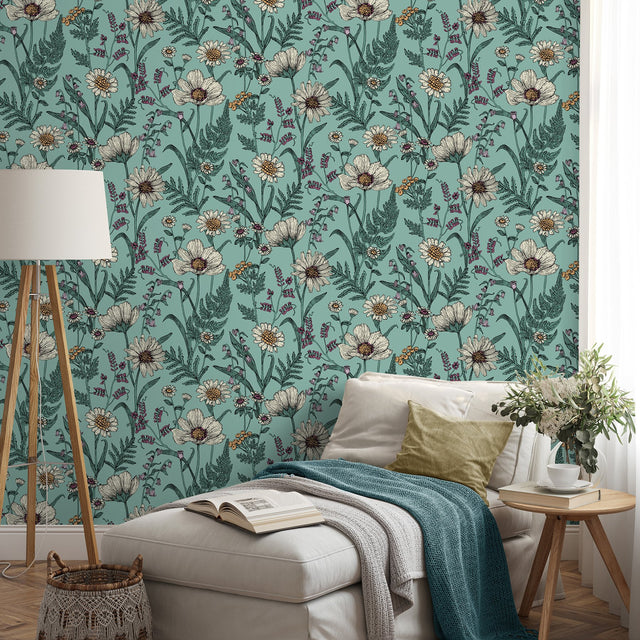 Arden Blue Wild Meadow Wallpaper with Botanical Floral Pattern, Modern Style - Fine Decor FD43338