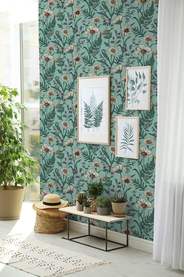 Arden Blue Wild Meadow Wallpaper with Botanical Floral Pattern, Modern Style - Fine Decor FD43338