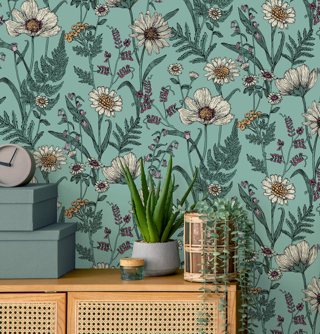 Arden Blue Wild Meadow Wallpaper with Botanical Floral Pattern, Modern Style - Fine Decor FD43338