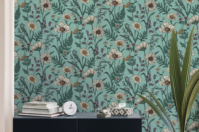 Arden Blue Wild Meadow Wallpaper with Botanical Floral Pattern, Modern Style - Fine Decor FD43338