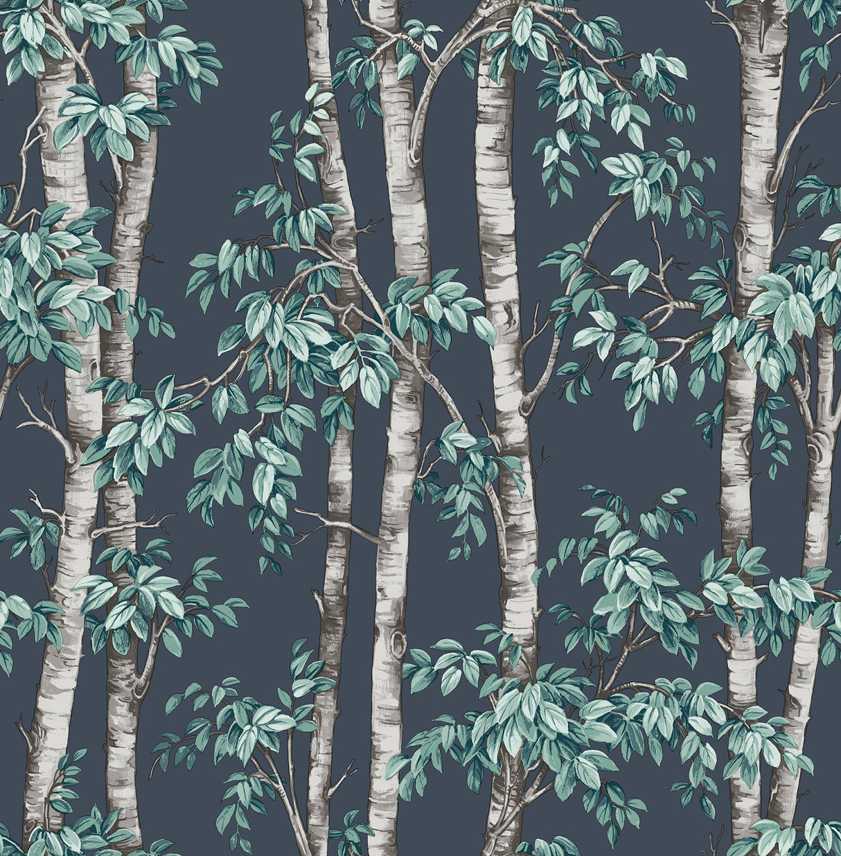 Fine Decor Bastian Blue Trees Wallpaper roll showing illustrated birch trees on a blue ground.