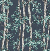 Fine Decor Bastian Blue Trees Wallpaper roll showing illustrated birch trees on a blue ground.