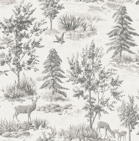 Fine Decor Dwyer Grey Stag Toile Wallpaper FD43398 sample showing deer and trees in grey