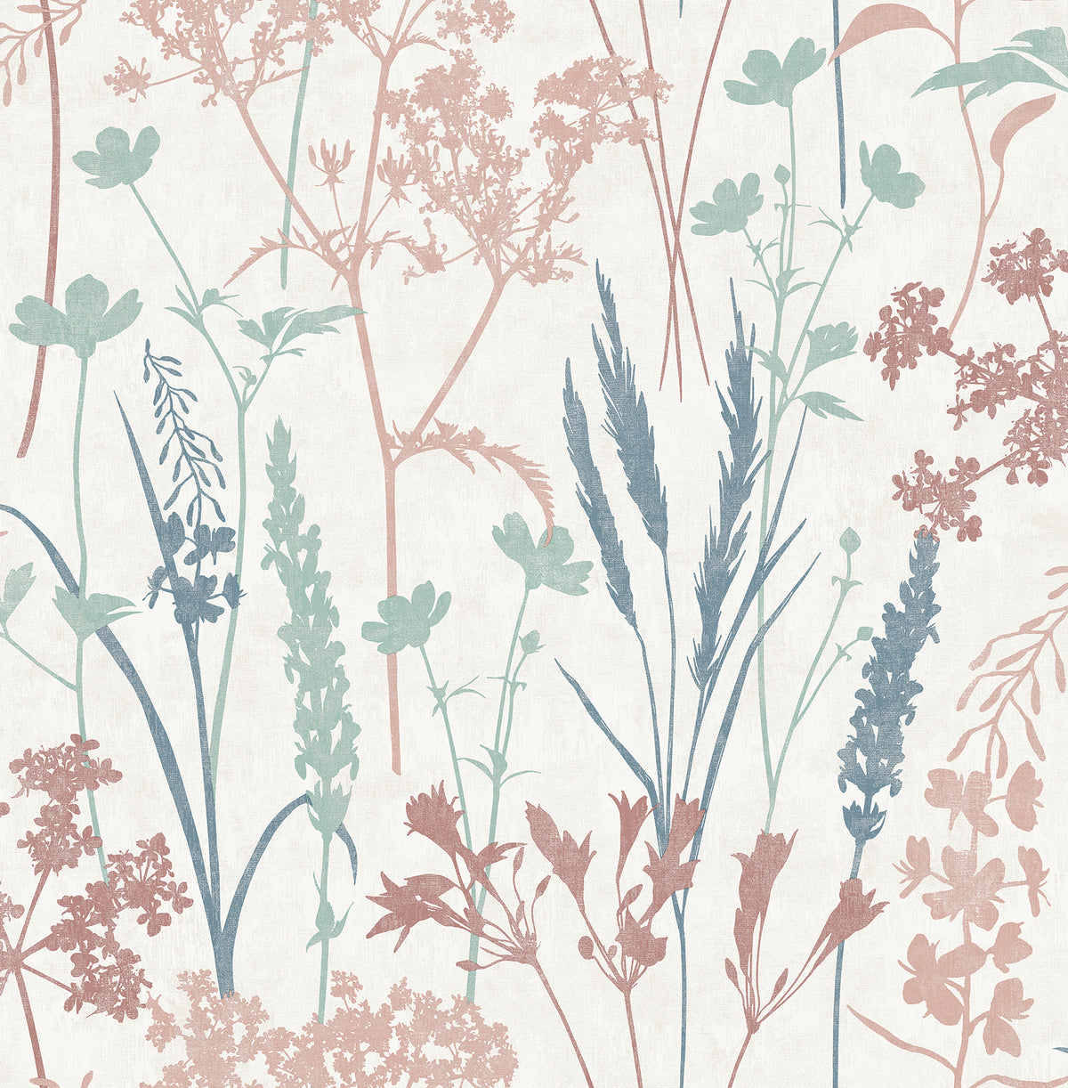 Nanette Pastel Botanical Wallpaper by Fine Decor FD43420 - Wildflower and Grass Silhouette Pattern in Blush, Sage, and Denim Blue on White