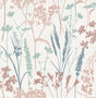Nanette Pastel Botanical Wallpaper by Fine Decor FD43420 - Wildflower and Grass Silhouette Pattern in Blush, Sage, and Denim Blue on White