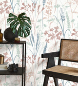 Nanette Pastel Botanical Wallpaper by Fine Decor Wildflower Silhouette in Blush Pink, Sage Green, and Denim Blue - FD43420