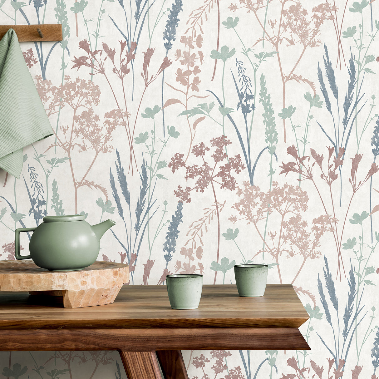 Nanette Pastel Botanical Wallpaper by Fine Decor Wildflower Silhouette in Blush Pink, Sage Green, and Denim Blue - FD43420