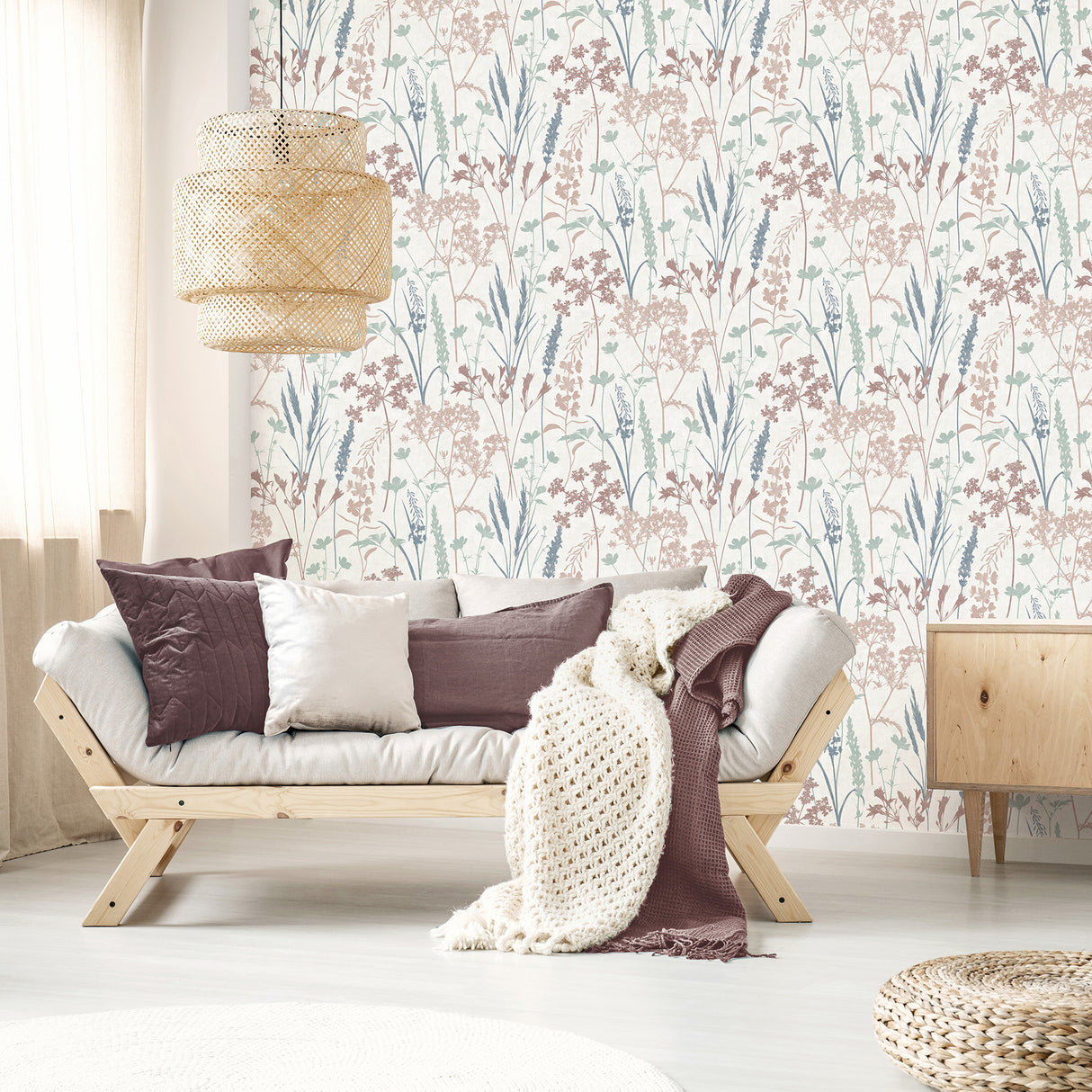 Nanette Pastel Botanical Wallpaper by Fine Decor Wildflower Silhouette in Blush Pink, Sage Green, and Denim Blue - FD43420