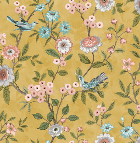 Elspeth Mustard Floral Trail Wallpaper with birds and flowers on a mustard yellow ground