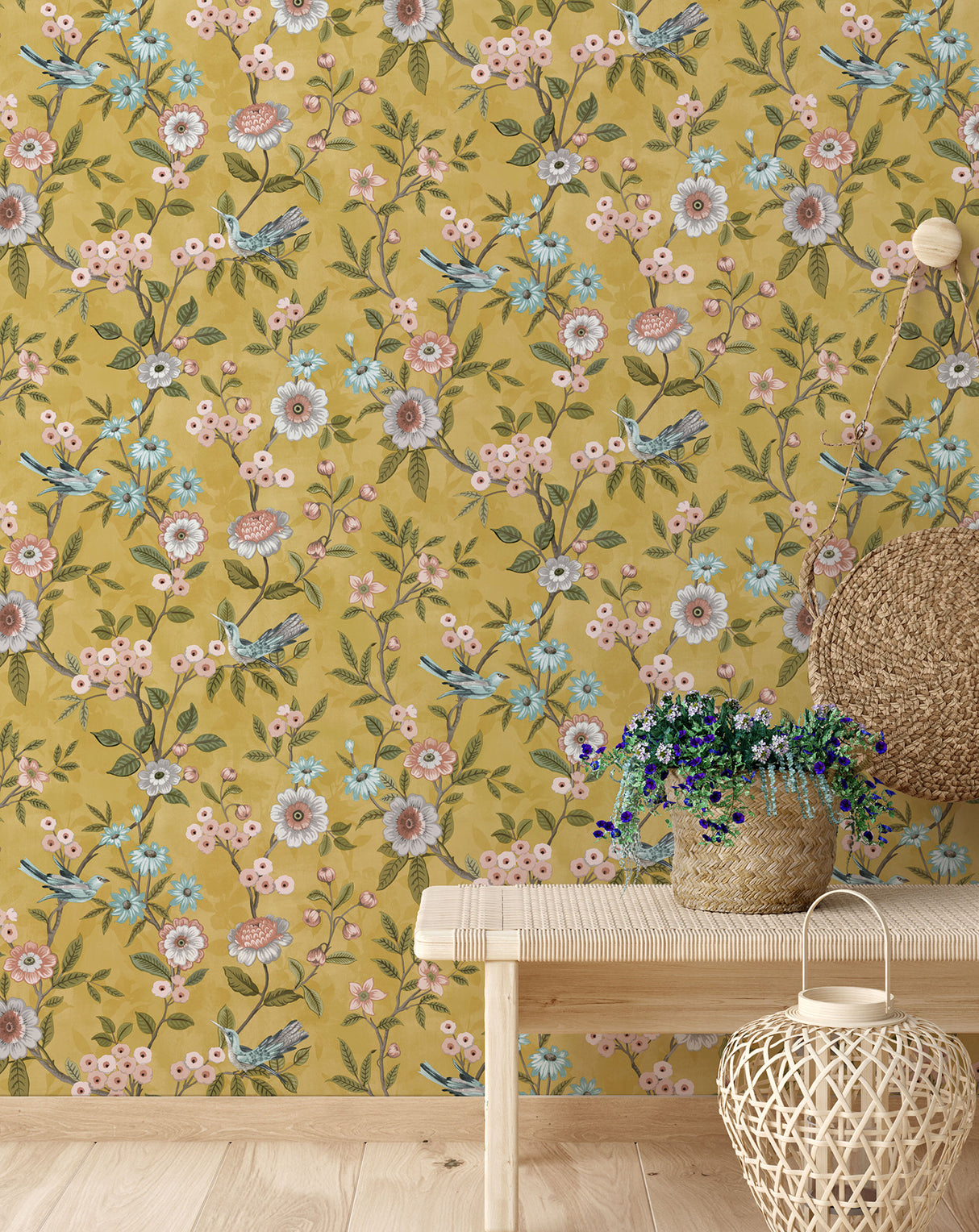Elspeth Mustard by Fine Decor Floral Trail Wallpaper – Brewster Home Fashions FD43446