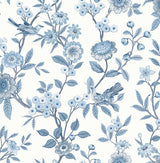 Elspeth Blue Floral Trail wallpaper with blue birds and flowers on white by Fine Decor, roll FD43447