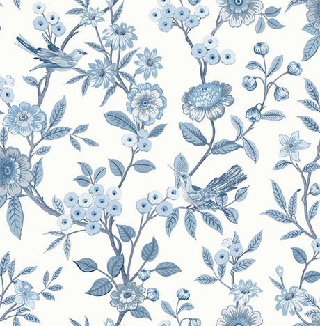 Elspeth Blue Floral Trail wallpaper with blue birds and flowers on white by Fine Decor, roll FD43447
