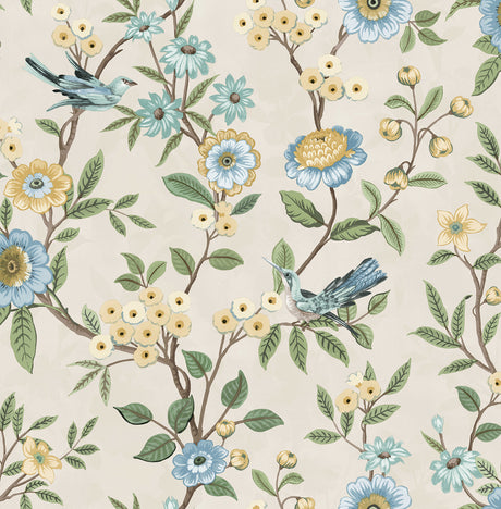 Elspeth Light Yellow Floral Trail Wallpaper pattern with birds and flowers