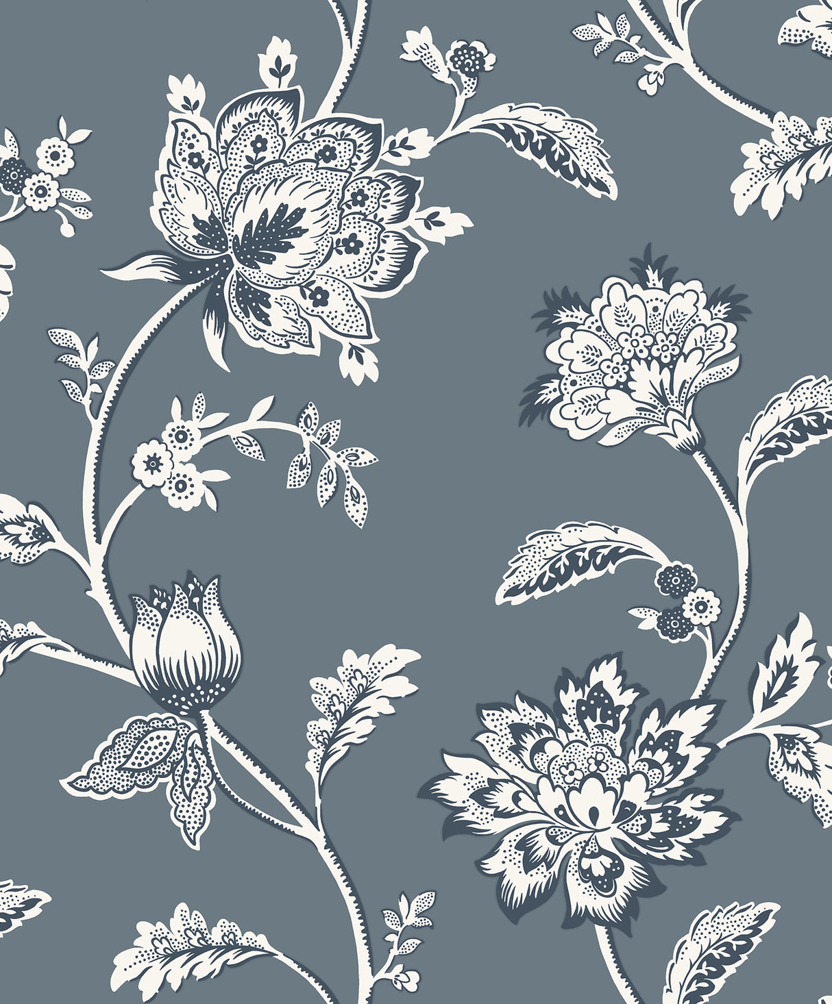 Fine Decor Juliette Blue Jacobean Wallpaper roll and room scene