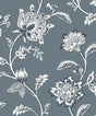 Fine Decor Juliette Blue Jacobean Wallpaper roll and room scene