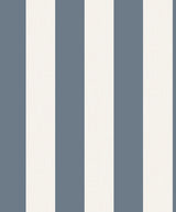 Fine Decor Tavish Blue Stripe Wallpaper roll and room scenes in powder blue and white vertical bands