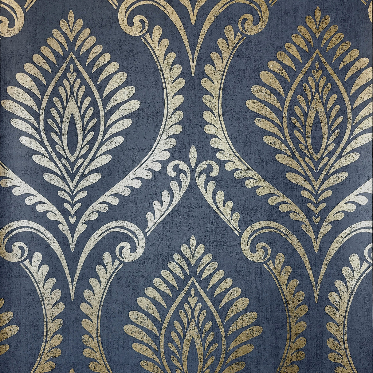 Estelle Blue and Gold Damask Wallpaper by Fine Decor - FD43481