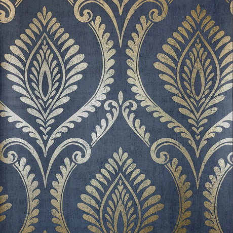 Estelle Blue and Gold Damask Wallpaper by Fine Decor - FD43481