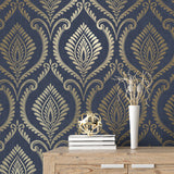 Estelle Blue and Gold by Fine Decor Traditional Scrolled Damask Unpasted Paper Wallpaper, Medley Collection, 20.5-in by 33-ft Roll - FD43481