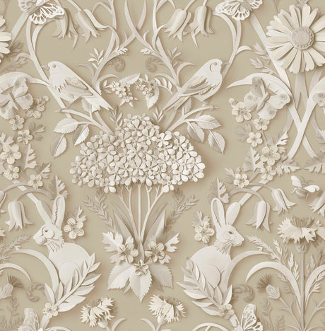 Fine Decor Fae Neutral Woodland Wallpaper FD43606 roll and room view showing paper-cut animals and florals on beige