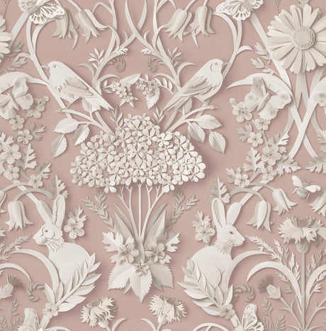 Fine Decor Fae Light Pink woodland wallpaper roll and room scene with paper-cut animals and florals