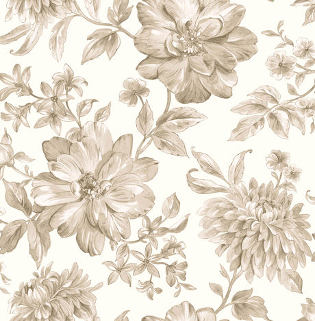 Fine Decor Gabriela Neutral Floral Wallpaper FD43611 in beige and tan on white, roll and room view