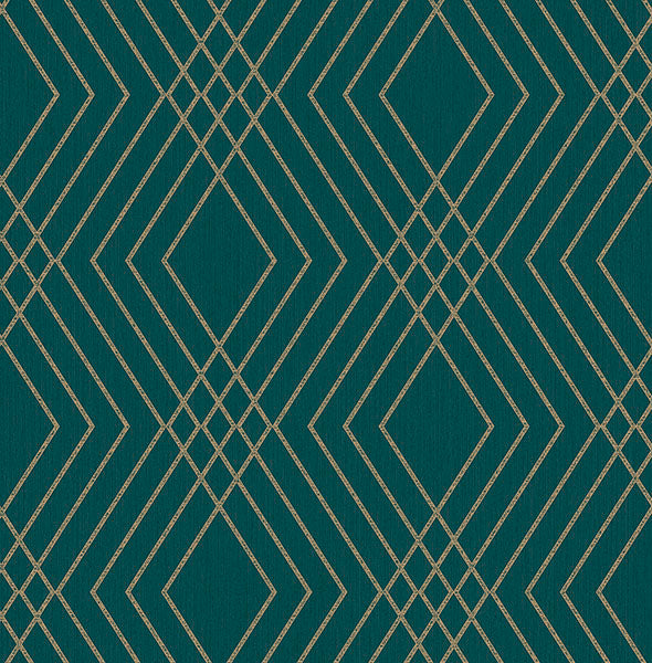 Shard Evergreen Trellis Wallpaper by Fine Decor with metallic bronze diamond trellis on deep green