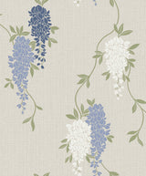 Fine Decor Aisla Blue Wisteria expanded vinyl wallpaper roll and room scene - FD43674