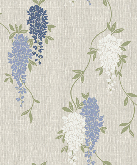 Fine Decor Aisla Blue Wisteria expanded vinyl wallpaper roll and room scene - FD43674