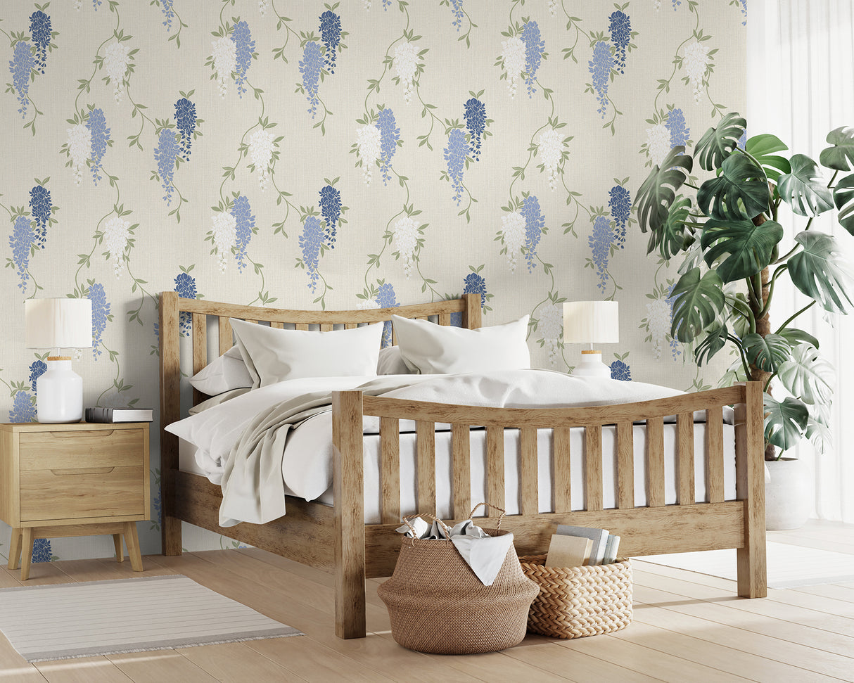 Aisla Blue Wisteria by Fine Decor Expanded Vinyl Botanical Wallpaper 20.9-in x 33-ft – Brewster Home Fashions FD43674