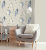 Aisla Blue Wisteria by Fine Decor Expanded Vinyl Botanical Wallpaper 20.9-in x 33-ft – Brewster Home Fashions FD43674
