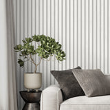 Millard White Wood Slats Wallpaper by Fine Decor, Modern Faux Wood Slat Wall Panel Design in White with Grey Shading, Medley Collection - FD43692